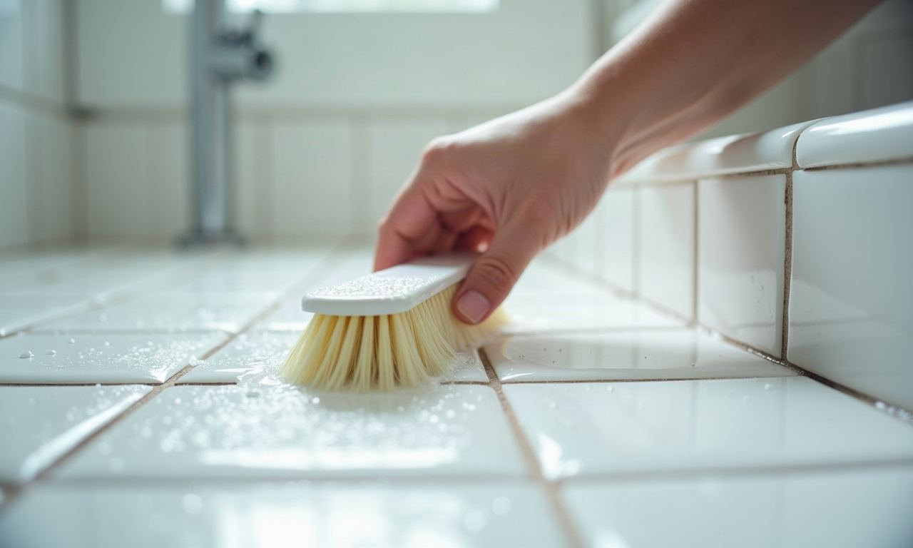 Scrub brush cleaning white bathroom tiles and grout with water droplets