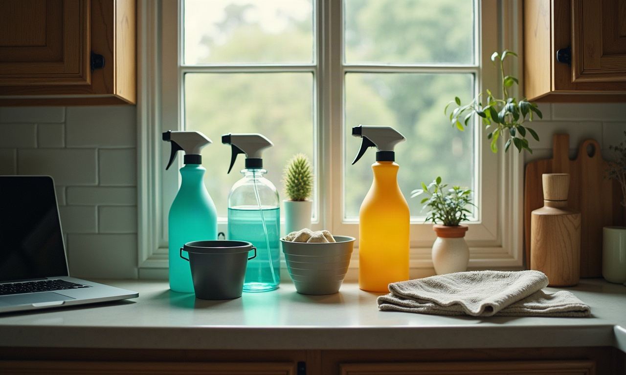 Cleaning supplies on kitchen counter: spray bottles, cloths, bucket in natural light