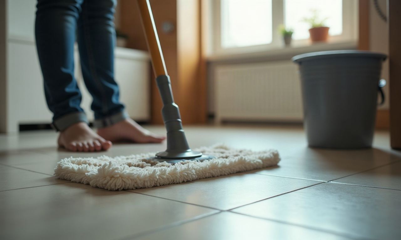 Mop head on tile floor with bucket nearby in bright natural window light