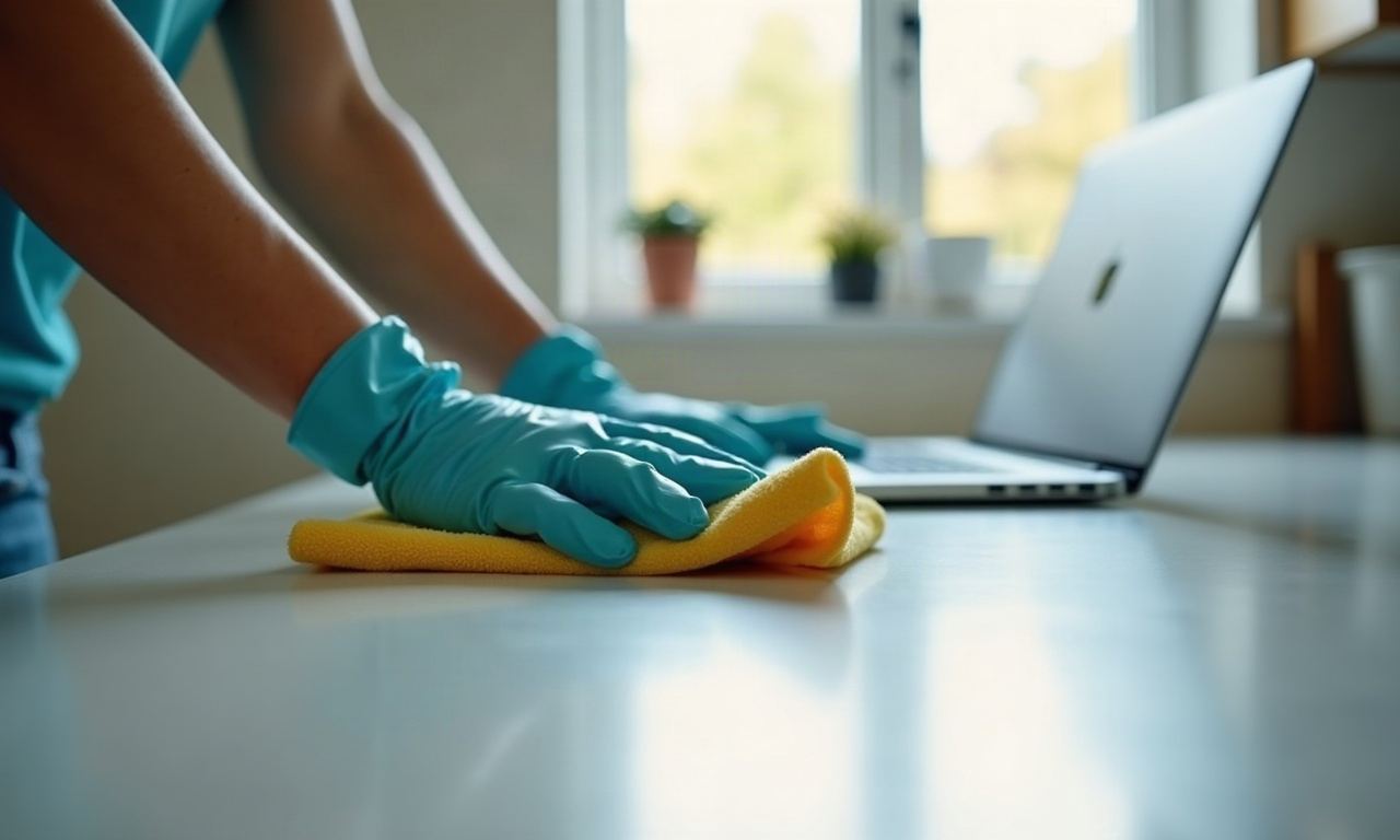 Gloved hands wiping kitchen counter with microfiber cloth in bright morning light
