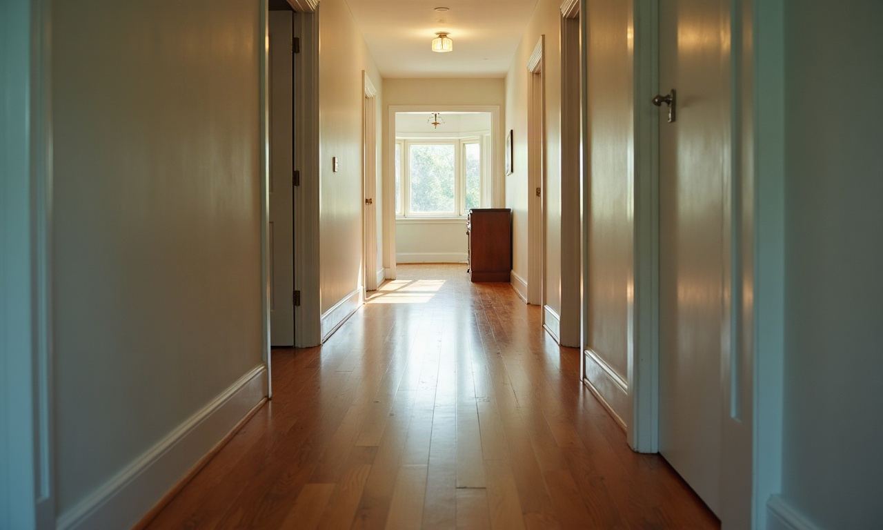 Residential hallway with mopped hardwood floors and clean baseboards in daylight